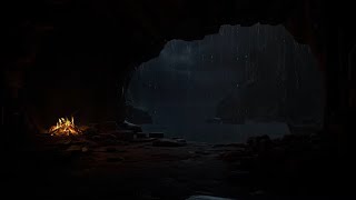 Deep Sleep in a Cozy Rainy Thunder Cave Bonfire Sounds and for Stress Relief | Storm in the night
