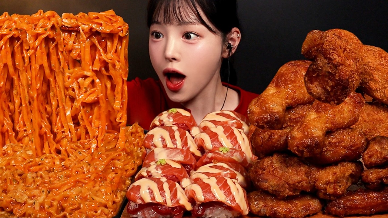 SUB)먹고싶은 거 다 먹는 돼지파티 2탄! 허니콤보에 까르보불닭 육회연어초밥 치즈돈까스까지 치킨 라면 꿀조합 Chicken & Buldak Mukbang Asmr