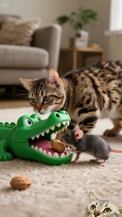 The tabby cat stares at the mouse intently.Hunter and Prey Lock Eyes