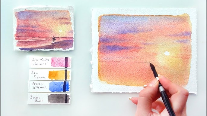 How to paint a sunset with palm trees in watercolor 