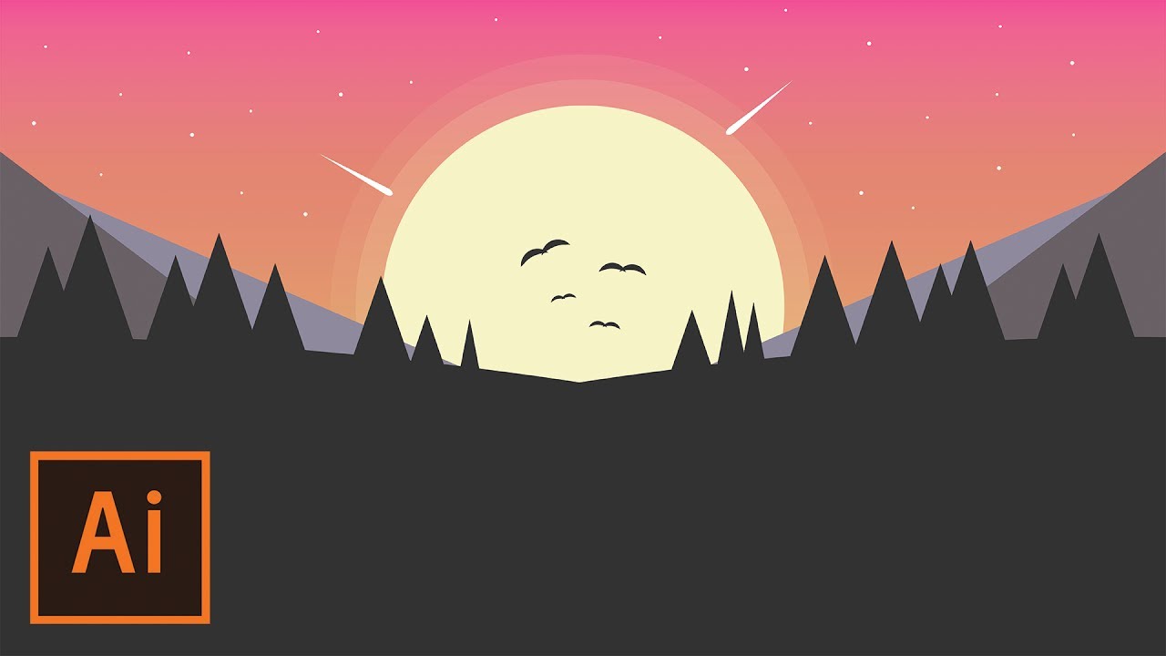 Illustrator Tutorial - Simple Sunset Landscape Flat Design (Illustrator