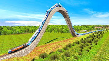 3 TRAINS CLIMB GIANT BUMPY FORKED RAILROAD CROSSING-SPEED BUMP RAILROAD TRACK #89 | Trainz Simulator