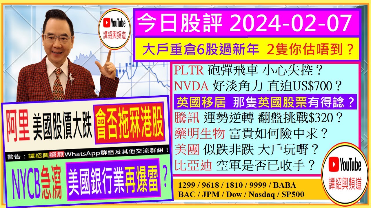 阿里 美國股價大跌 拖冧港股？😱/NYCB急瀉 美國銀行業再爆雷？😲/NVDA PLTR 砲彈飛車 小心失控？🌟/騰訊 比亞迪 藥明生物  運勢逆轉？😍/美團 似跌非跌 大戶玩嘢？😜2024-02-07