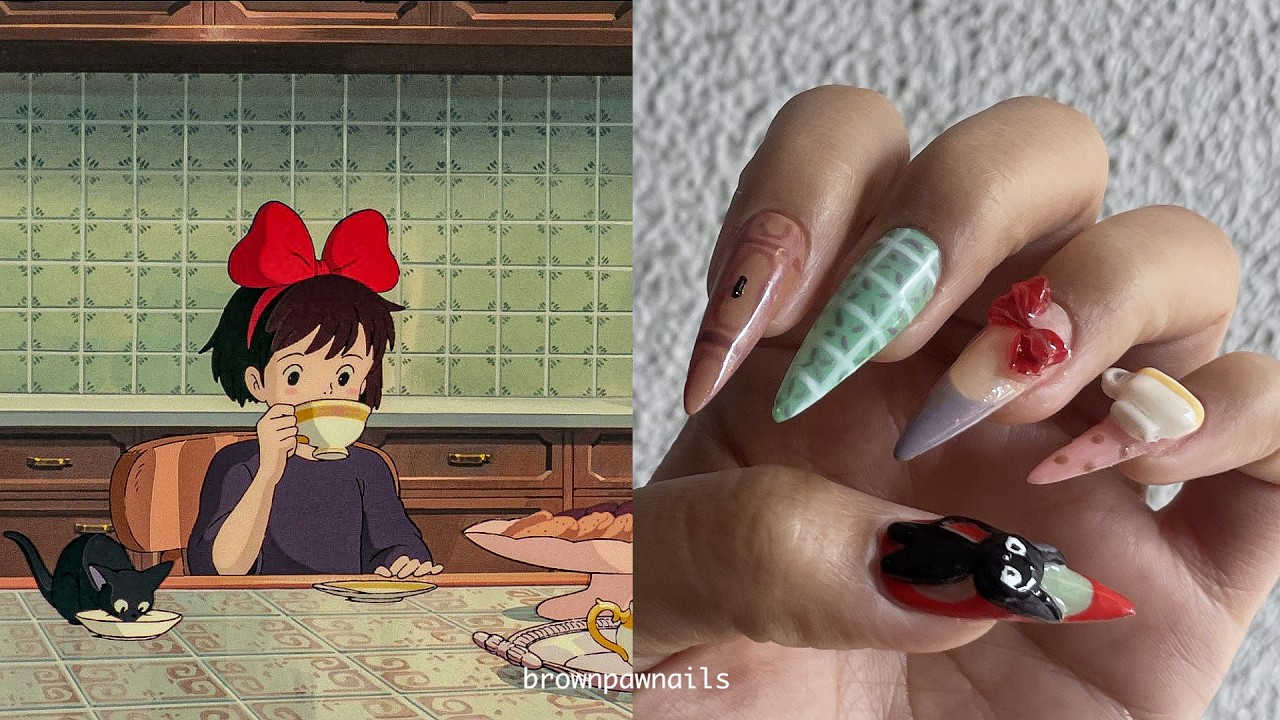 Kiki (Studio Ghibli) inspired nails 🐈‍⬛🎀