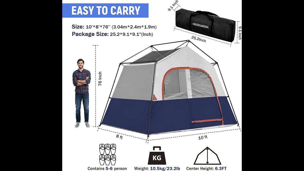 HIKERGARDEN 6 Person Camping Tent Portable Easy Set Up Family Tent for Camp, Windproof Fabric