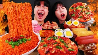 ENG SUB) ASMR MUKBANG FIRE Noodle & HOT DOG & CHEESE PIZZA & Tteokbokki EATING SOUND ! (BULDAK)