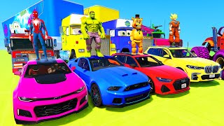 Spiderman Fire Truck Challenge On Ultra Ramp ! Superhero Hulk Goku Monster Truck Bomb Blast - Gta 5