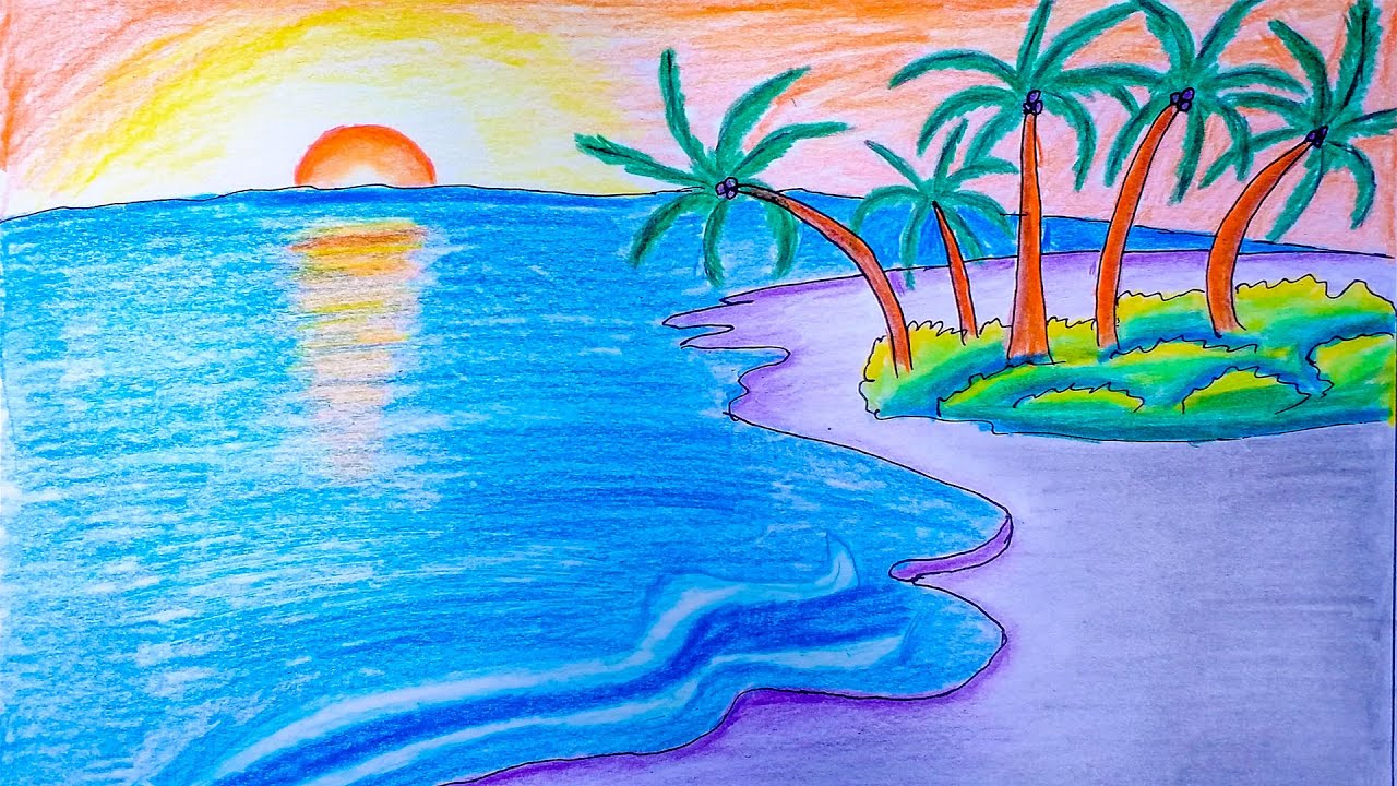 How to draw a scenery of sea beach Step by step easy draw Tips Academy scenery easy for