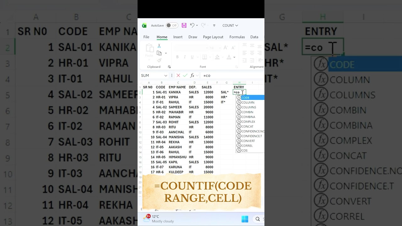 COUNT ENTRY CODE WISE code से कैसे entry count कर सकते ह learn power of count function in excel