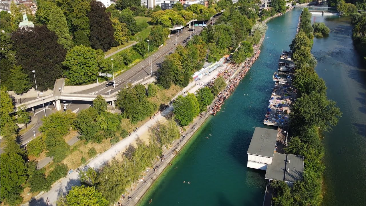 Bird's view of Flussbad Oberer Letten, Limmat River, in Zurich, during ...