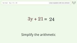 Linear equation with one unknown: Solve 3(y+7)=24 step-by-step solution