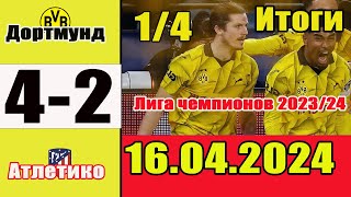 Боруссия Дортмунд - Атлетико 4-2. Обзор матча 1/4 финала Лиги чемпионов 16.04.2024.