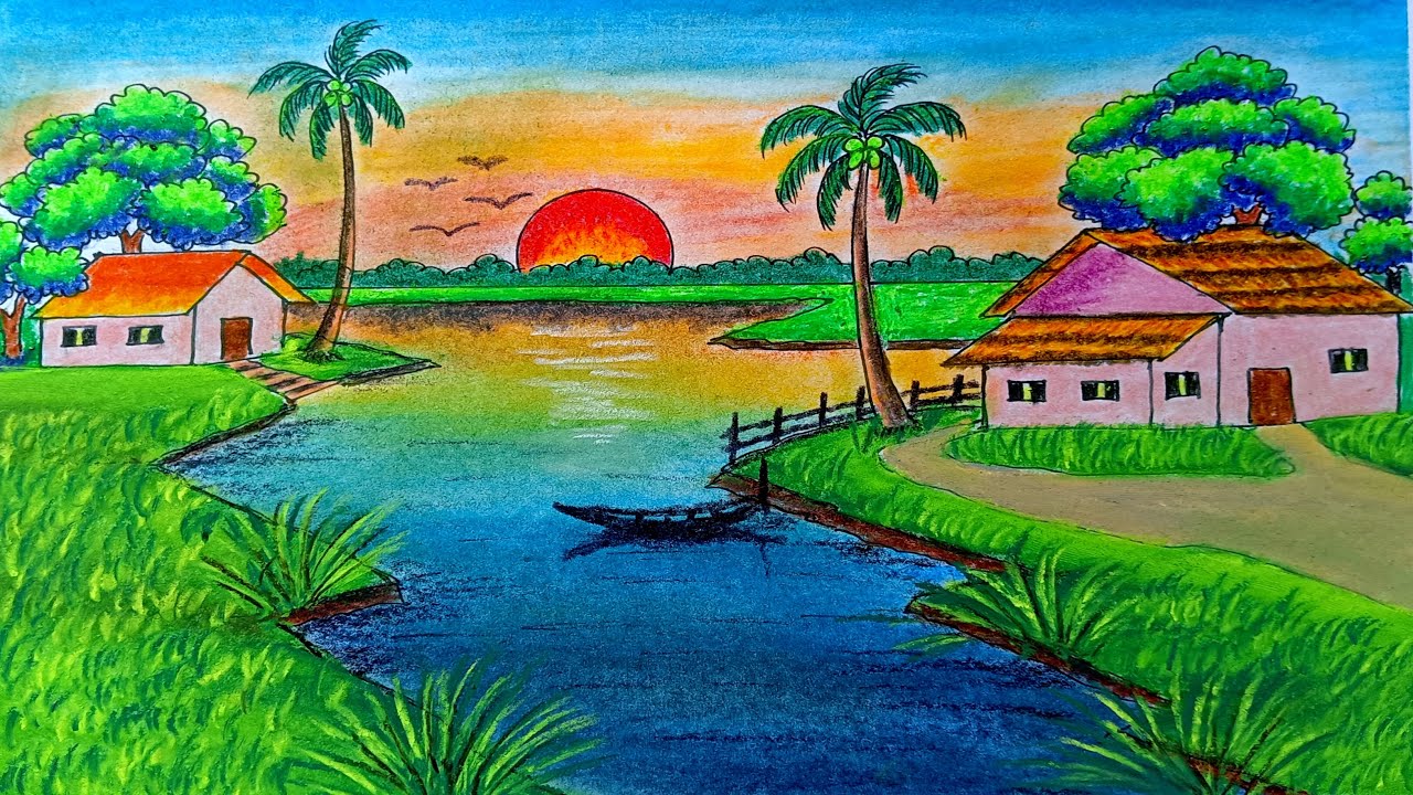 Beautiful Indian Village Scenery Drawing|Easy Indian Village Scenery With  Watercolor|Scenery Drawing - YouTube
