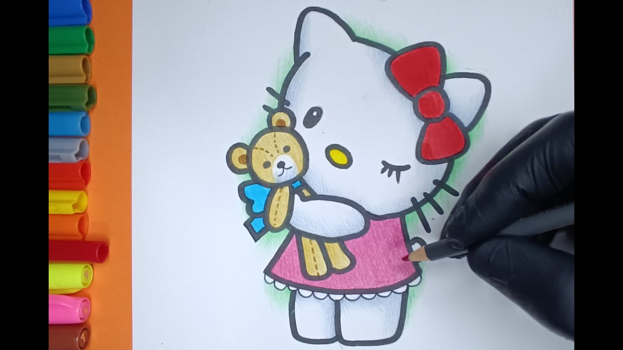 how to draw easy - cute hello kitty hungging bear - step by step- - YouTube