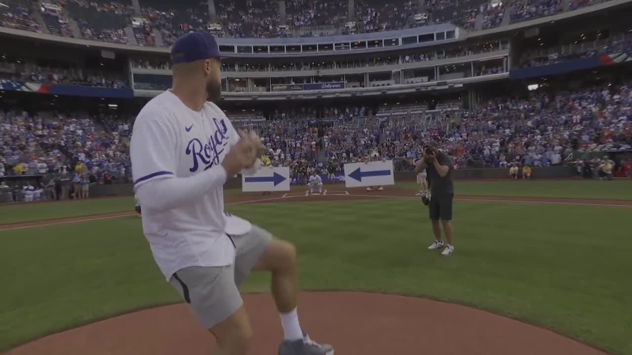 Travis Kelce tosses out first pitch at Kauffman Stadium YouTube