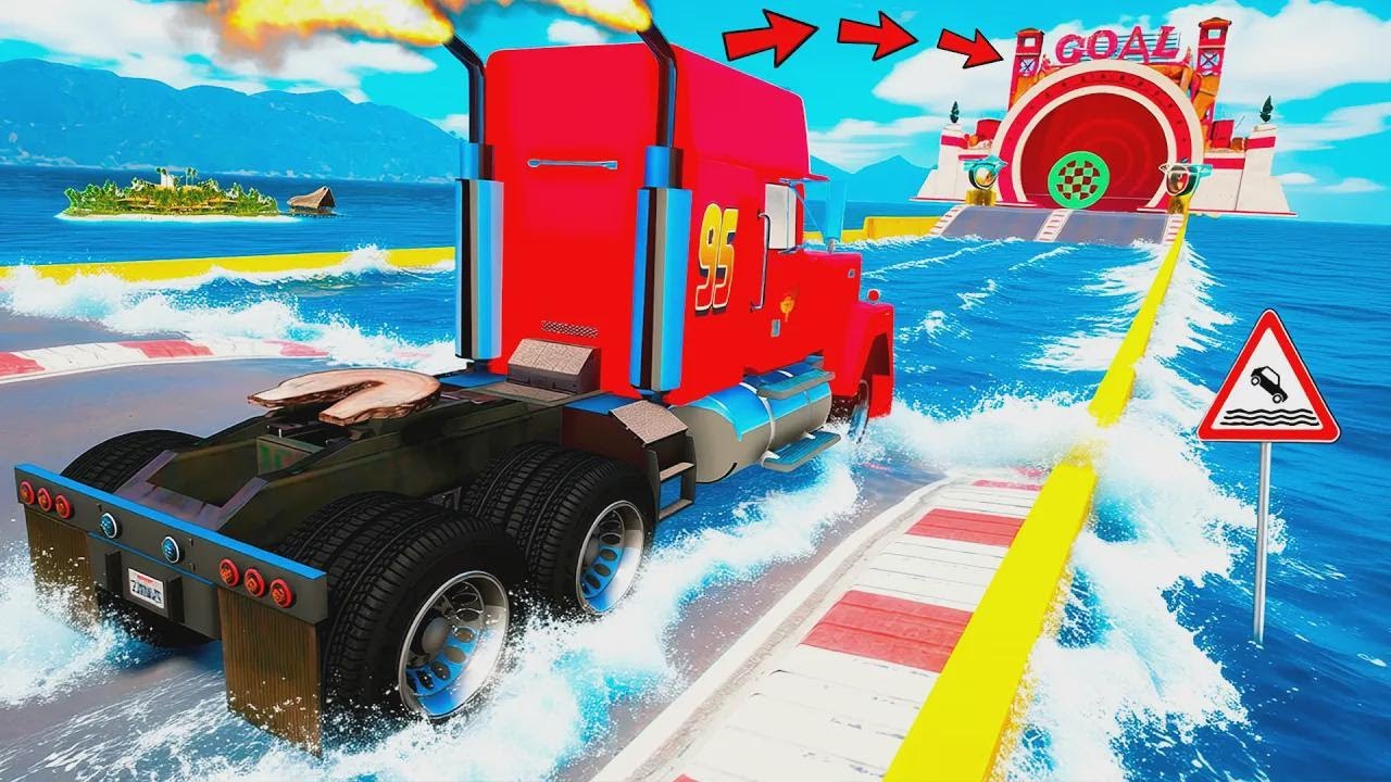 Can Lightning McQueen Survive a Deep Water Pit in GTA 5? GTA 5 Online Cars Challenge