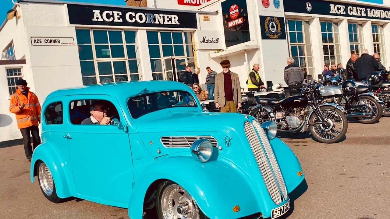 ACE CAFE LONDON Not Just Motorcycles FORD Cruising Automobiles on VINCENT & VELOCETTE Big “V” Event