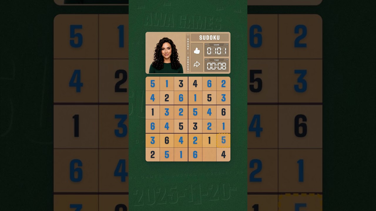 LinkedIn Mini Sudoku #101 solved board for November 20, 2025, 6x6 grid