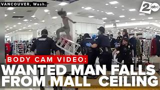 BODY CAM: Wanted man hiding in ceiling of Vancouver Mall store falls from ladder, arrested