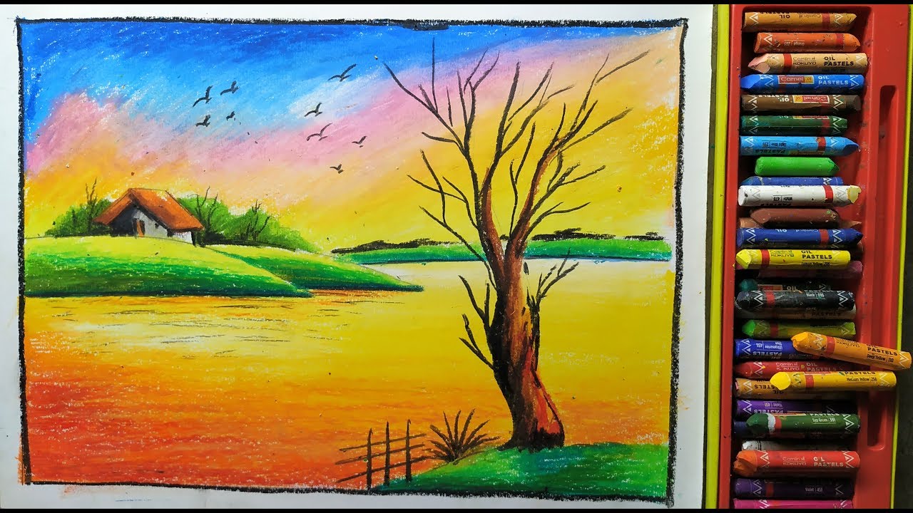 Oil pastel scenery with a single tree / how to draw a sunset scenery ...