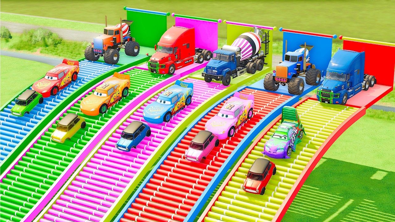 TRANSPORT OF COLOR ! NEW MIXER TRUCKS, MCQUEEN, MINI COOPER CAR TRANSPORT WITH POLICE TRUCKS! FS22