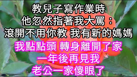 教儿子写作业时他忽然指着我大骂： 滚开不用你教 我有新的妈妈！我点点头 转身离开了家。一年后再见到我老公一家傻眼了！ #心书时光 #为人处事#生活经验#情感故事#唯美频道 - 天天要闻