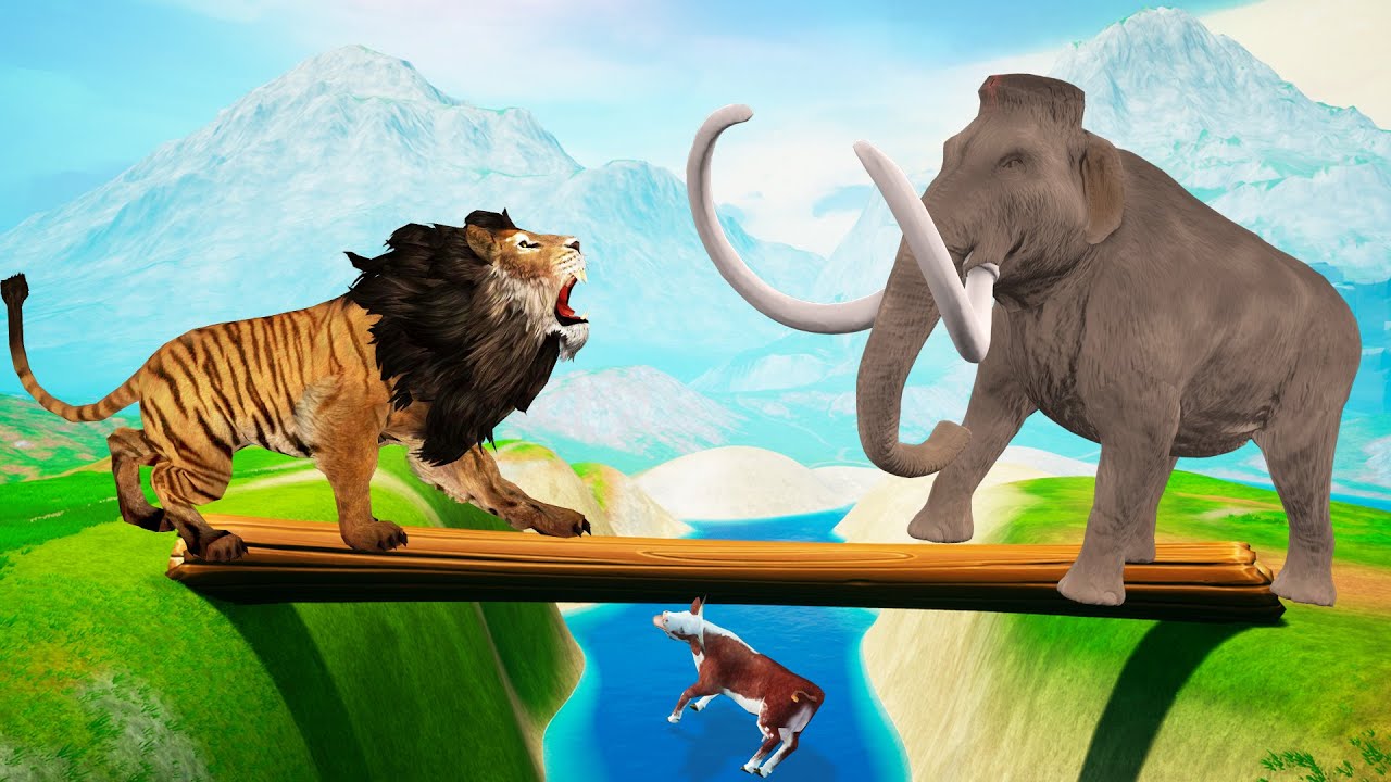 Liger Vs Columbian Mammoth Save Cartoon Cow | Log Bridge Animal Crossing Animal Epic Battle