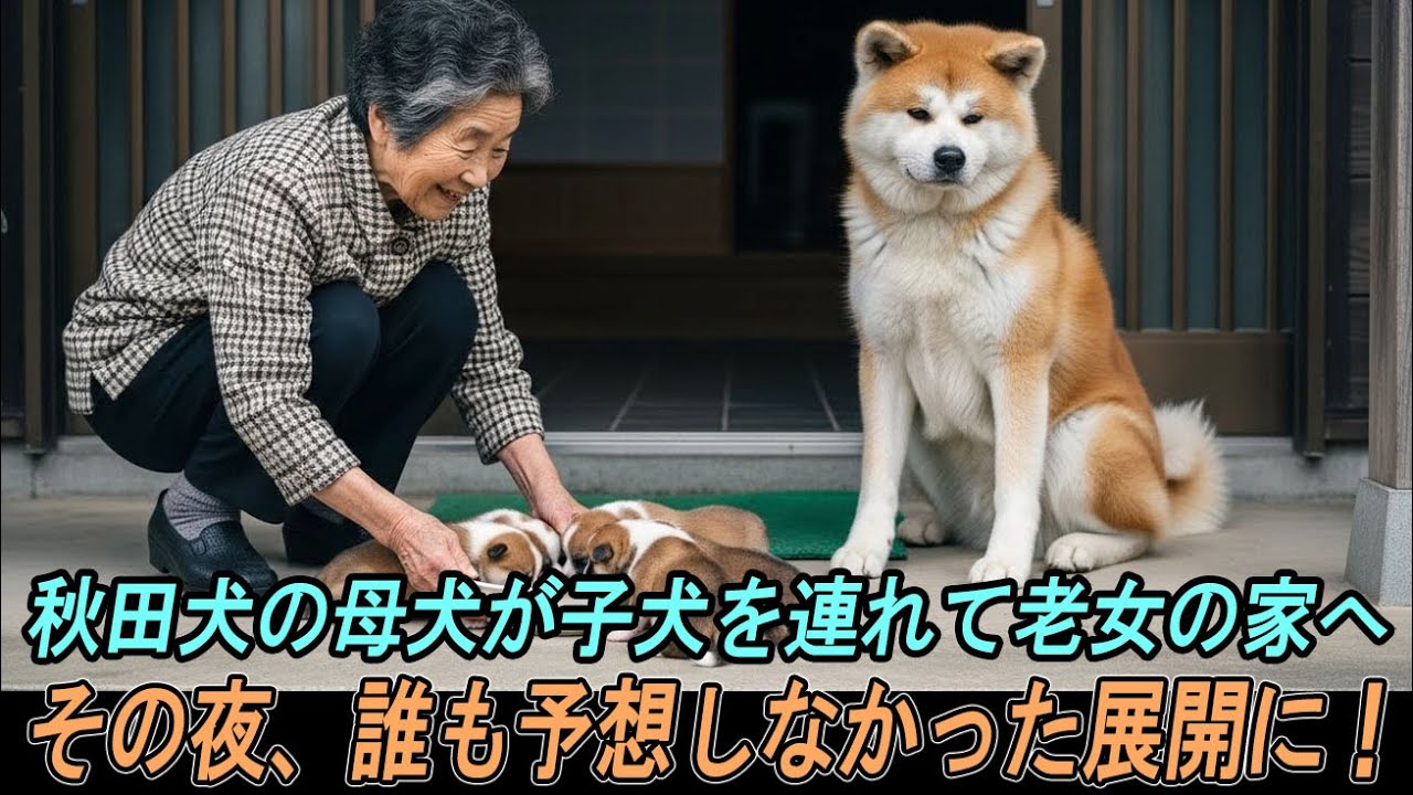 秋田犬の母犬が子犬たちを連れて老女の家に食べ物を求めて来た…。翌朝、信じられない出来事が起こった！