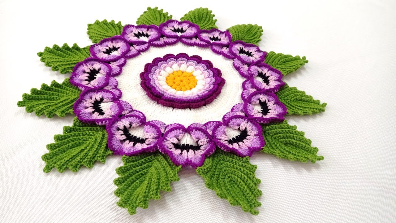 Como tejer la FLOR N° 51 con hojas a crochet paso a paso para caminos de mesa y tapetes.