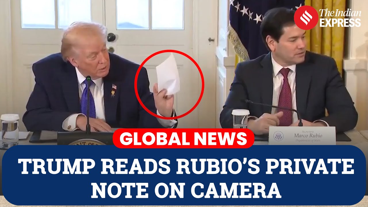 Неожиданный момент: Трамп раскрывает записку Рубио во время прямой трансляции пресс-конференции.