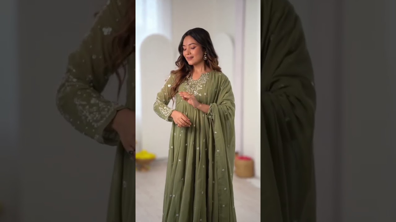 Olive Green Embroidered Anarkali Suit – Straight Pant Set