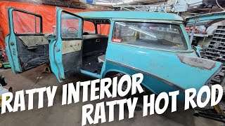 Ratty Interior In A 56 Chevy Long Roof  Featuring A NASTY HEADLINER aka The Mouse Penthouse