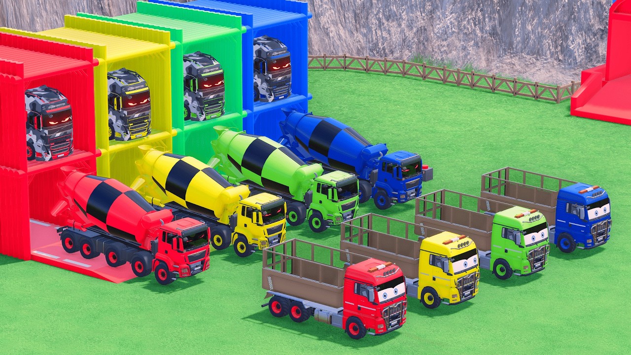 Garage with Colors - ALL MIXER TRUCK WITH DOUBLE FLATBED TRAILER TRUCK, VOLVO, MAN, FS22 #82