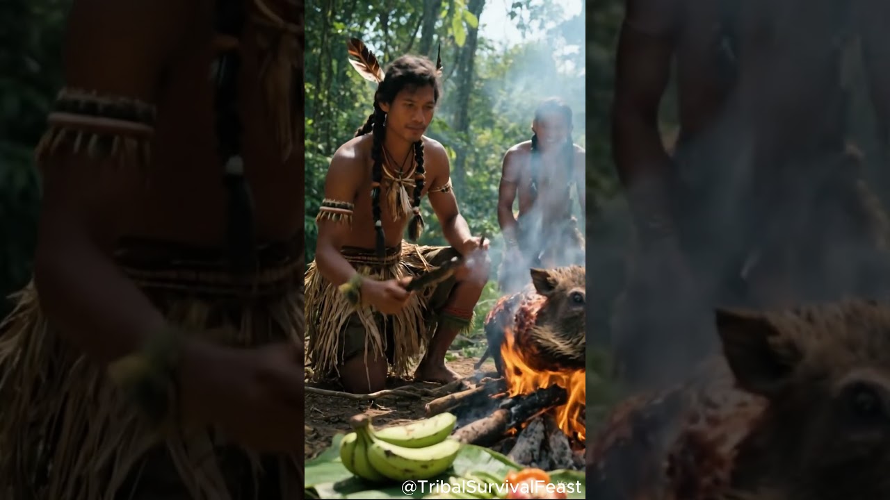 Tribal Survival Feast: Roasting Wild Boar in the Jungle 🔥🐗 | Primitive Cooking Skills 