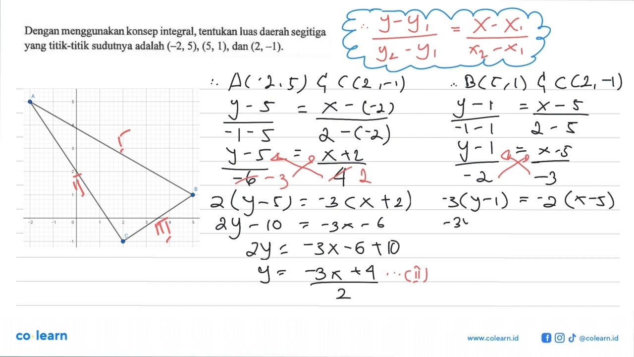 Dengan menggunakan konsep integral, tentukan luas daerah segitiga yang titik-titik sudutnya adala...