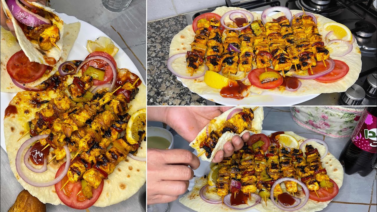 شيش طاووق او بروشات الدجاج مع خبز مرافق للمشاوي طري و خفيف مزيج بين الخبز و المشاوي روعة فالذوق