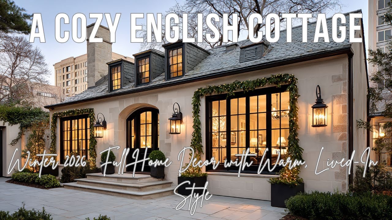 Уютный английский коттедж зимой 2026 года. Полный декор дома в теплом, обжитом стиле.