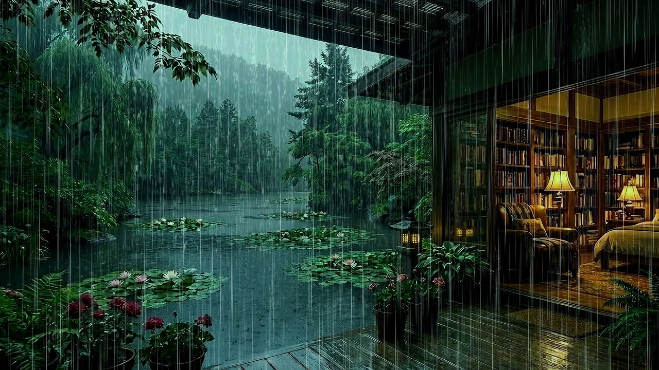 🌧️ Relax & Deep Sleep with Soothing Rain on Garden Porch by Cabin Lake ...