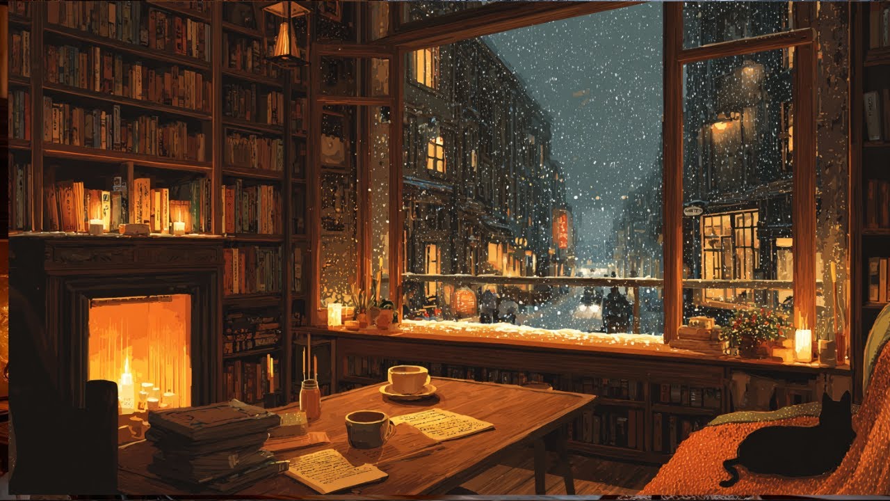 Snowy Café Jazz Radio ☕❄️ Cozy Fireplace Piano with a Sleepy Cat for Study & Deep Focus (Live)