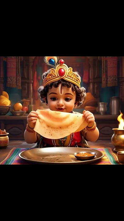 Lord little Krishna eating a dosa in virtual world