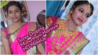 Bridal Saree Draping, Muhurtham Hairstyle, HD Make up Look - YouTube