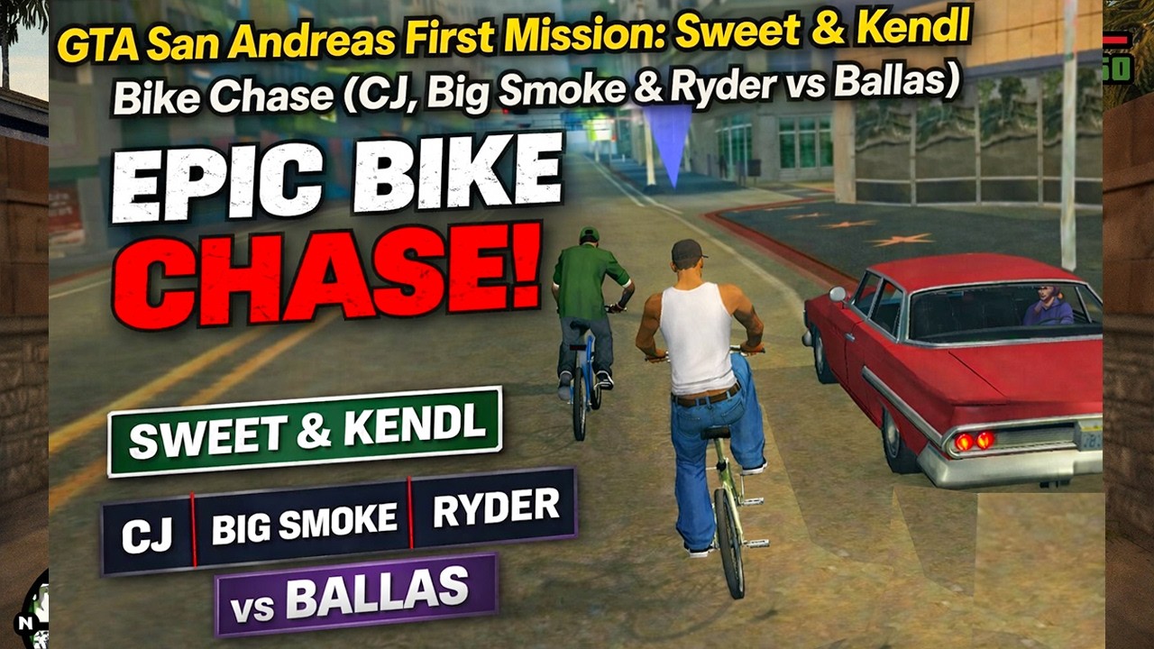 GTA San Andreas First Mission: Sweet & Kendl Bike Chase (CJ, Big Smoke & Ryder vs Ballas)