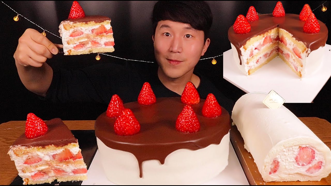 [SUB]딸기초코케이크& 딸기 화이트롤 케이크 먹방(Strawberry Chocolate Cake & Strawberry White Roll Cake)#MUKBANG