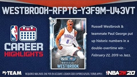 *NEW* 2K20 MYTEAM LOCKER CODE FOR A CHANCE TO GET FREE DIAMOND Russell Westbrook!! NBA2K20 MyTEAM!!