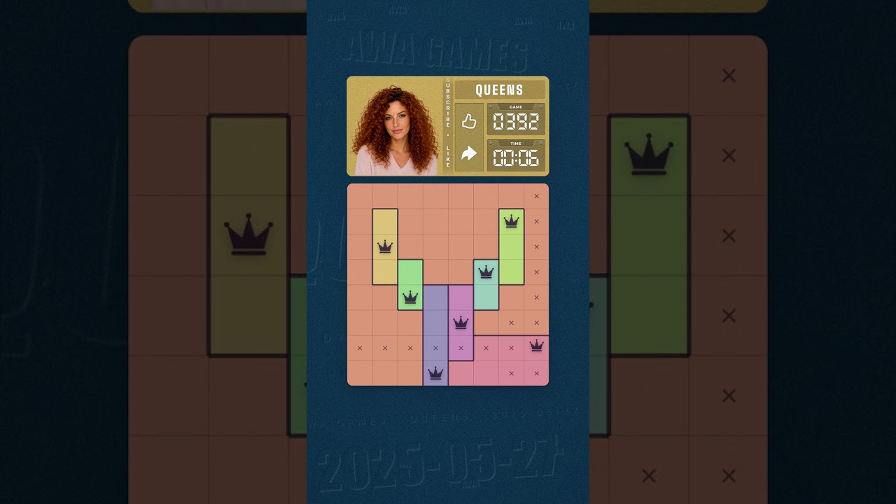 LinkedIn Queens #392 solved board for May 27, 2025, 8x8 grid