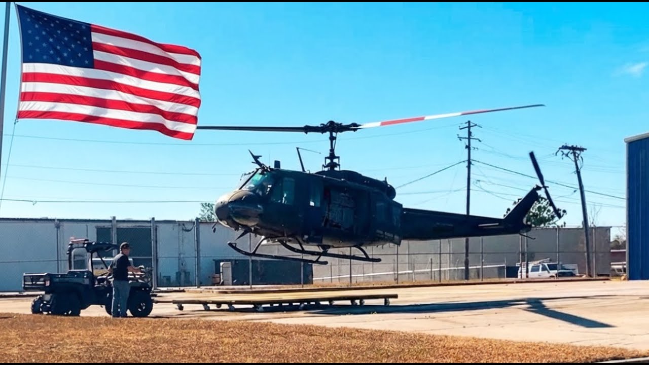 UH-1 Huey Struggles to Land in Gusty Winds