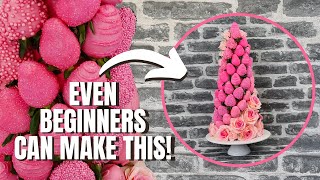 Pink Chocolate Covered Strawberries | DIY Spiral Tower with Flowers