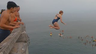 Dozens of Kids Jump Off the Pier - Venice Junior LifeGuards Pier Jump Drill