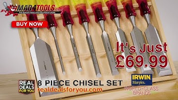 Irwin Marples MS373S8 Splitproof Flat Wood Chisel Set 8-Piece with Wooden Storage Box