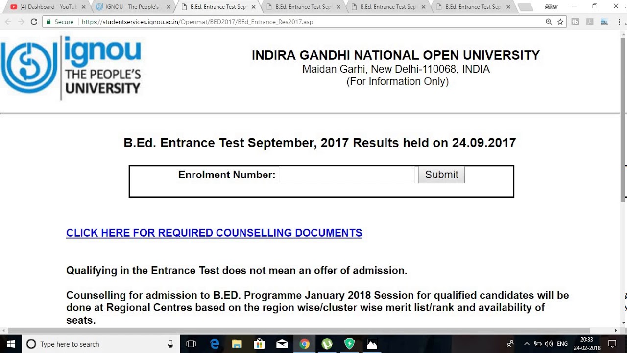 IGNOU B.ed entrance test RESULT for 2018 session  DECLARED [CHECK YOUR RESULT NOW]